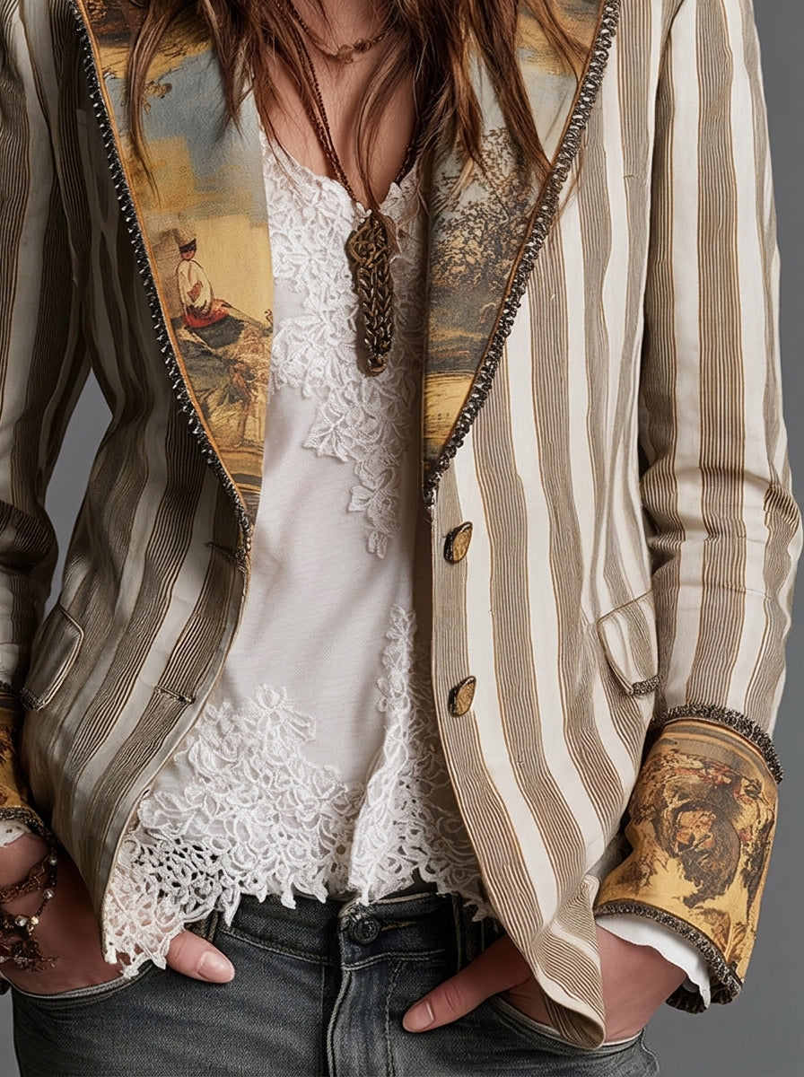 Celia - Blazer Bohemio a Rayas con Cuello Estampado