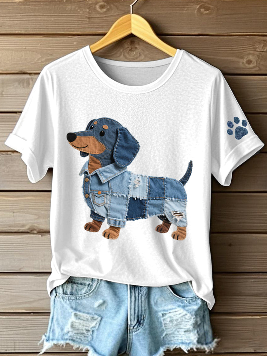 Ciela - Camiseta de Patchwork Denim con Estampado de Perro Salchicha