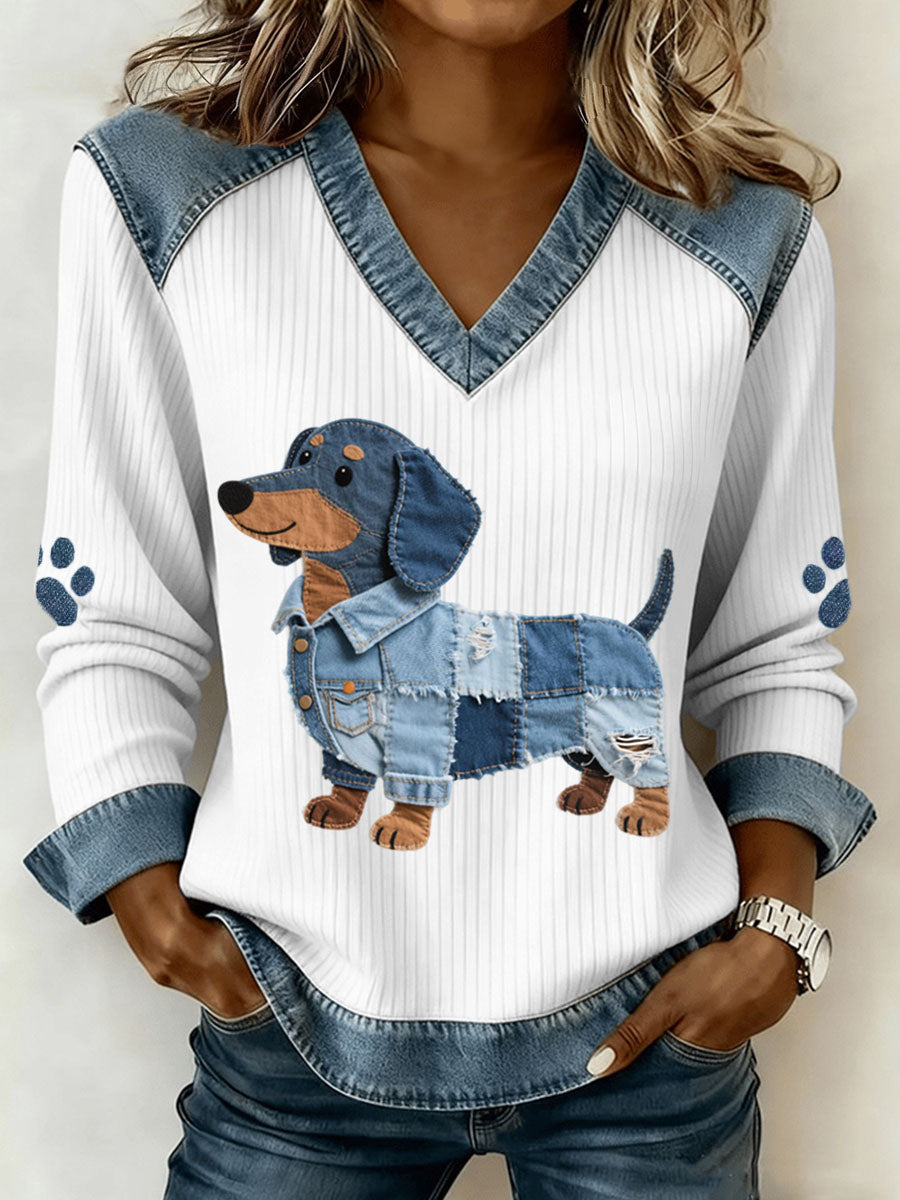 Sombra - Top de Perro Salchicha con Patchwork Denim y Cuello en V
