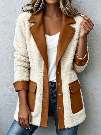 Abrigo de invierno cálido de forro polar para mujer, con detalles de ante, solapa, mangas largas, botones, largo medio y bolsillos. Chaqueta informal para uso urbano.