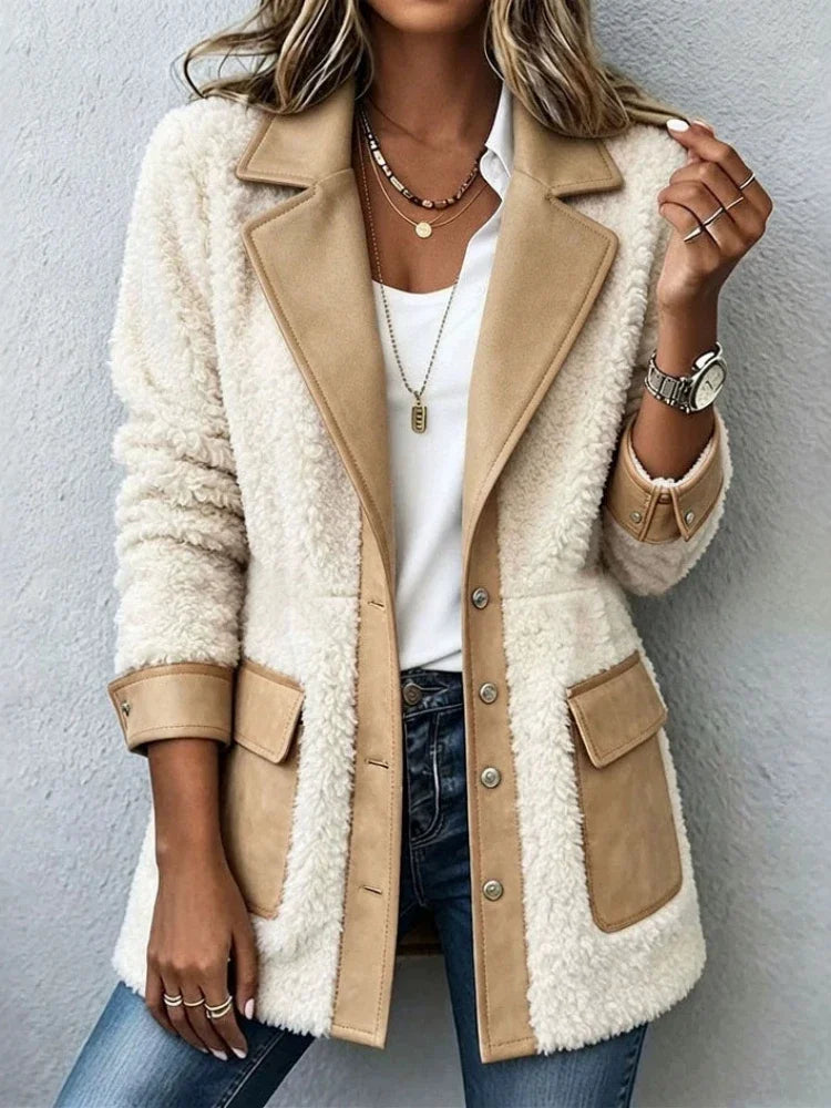 Abrigo de invierno cálido de forro polar para mujer, con detalles de ante, solapa, mangas largas, botones, largo medio y bolsillos. Chaqueta informal para uso urbano.