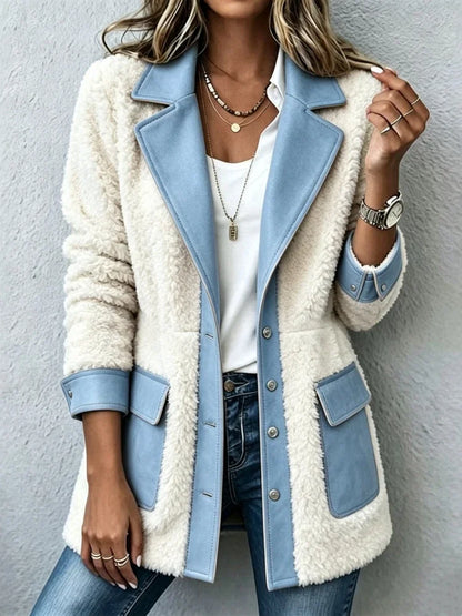 Abrigo de invierno cálido de forro polar para mujer, con detalles de ante, solapa, mangas largas, botones, largo medio y bolsillos. Chaqueta informal para uso urbano.