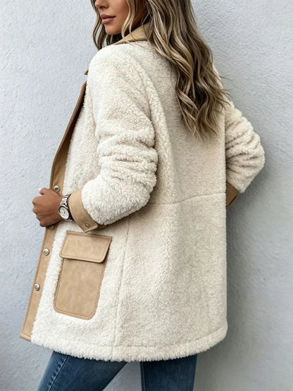Abrigo de invierno cálido de forro polar para mujer, con detalles de ante, solapa, mangas largas, botones, largo medio y bolsillos. Chaqueta informal para uso urbano.