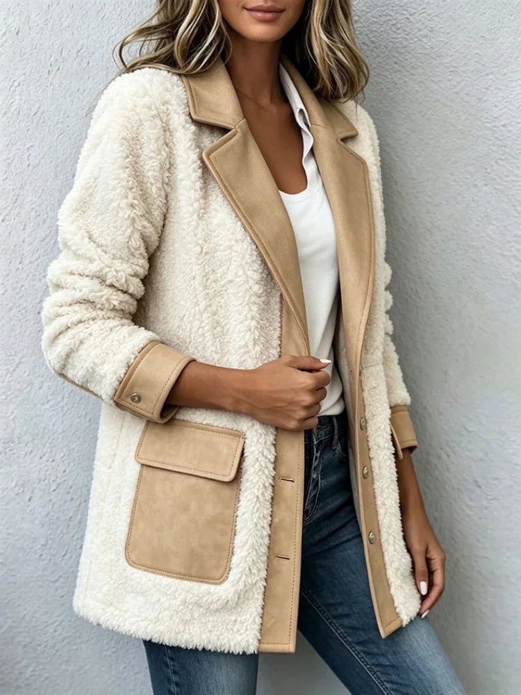 Abrigo de invierno cálido de forro polar para mujer, con detalles de ante, solapa, mangas largas, botones, largo medio y bolsillos. Chaqueta informal para uso urbano.