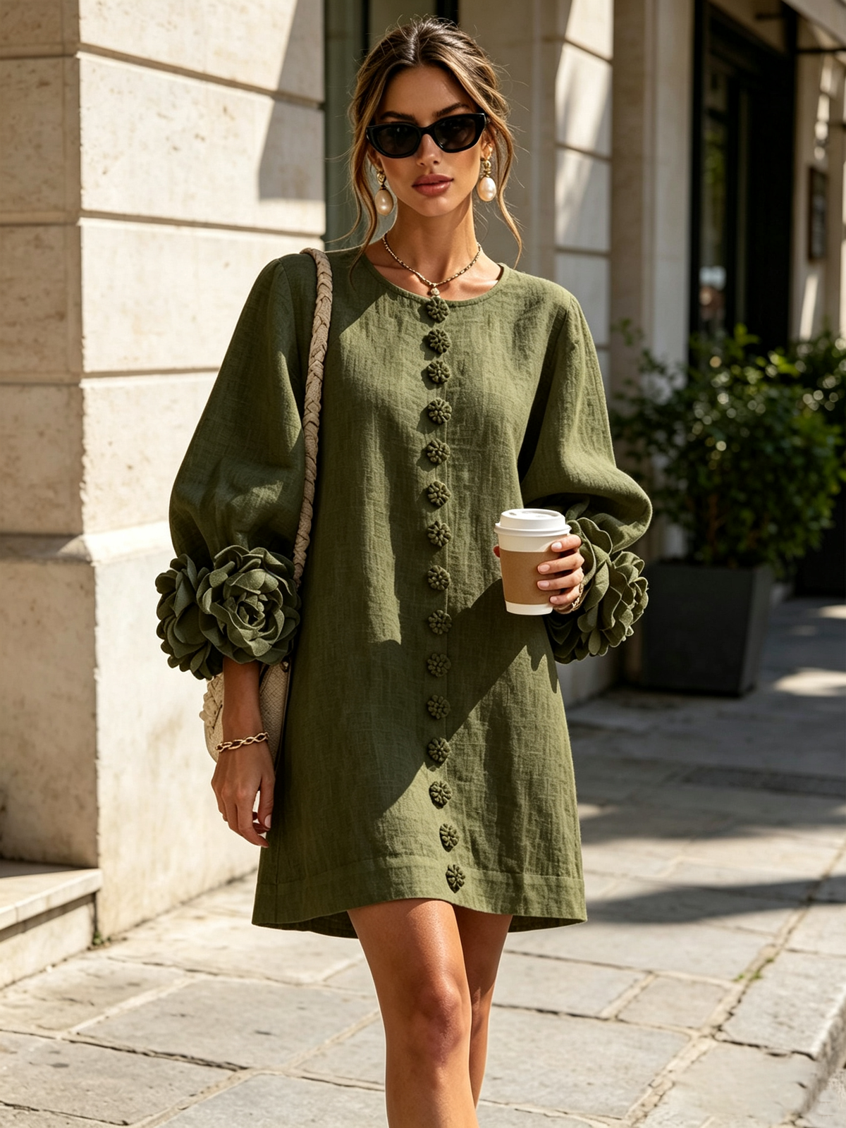 Itziar | Vestido Corto Abotonado con Puños de Flores