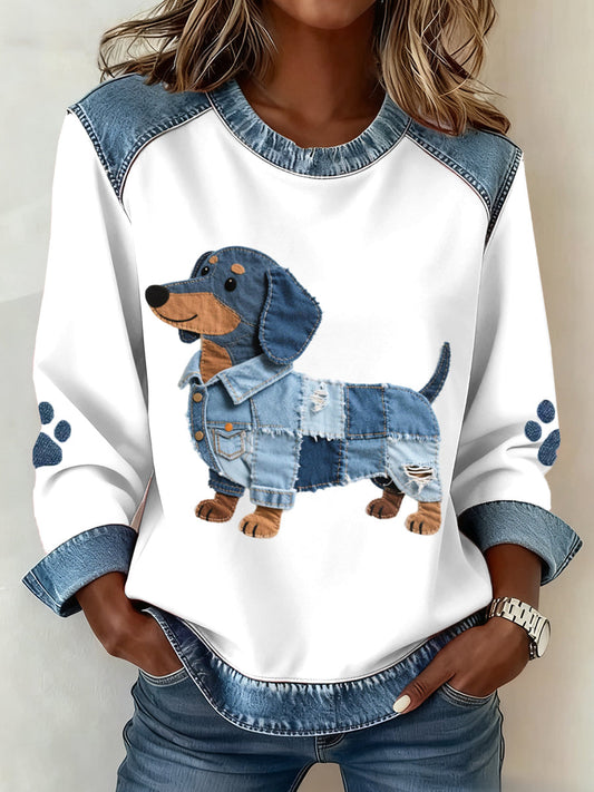 Brisa - Sudadera con Patchwork y Estampado de Perro Salchicha