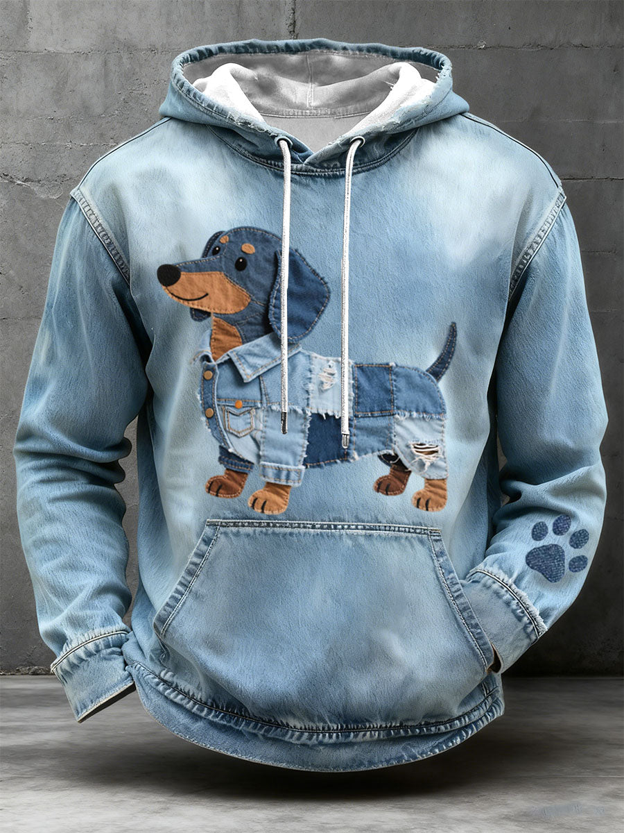 Bruno - Sudadera con Capucha para Hombre con Patchwork de Perro Salchicha