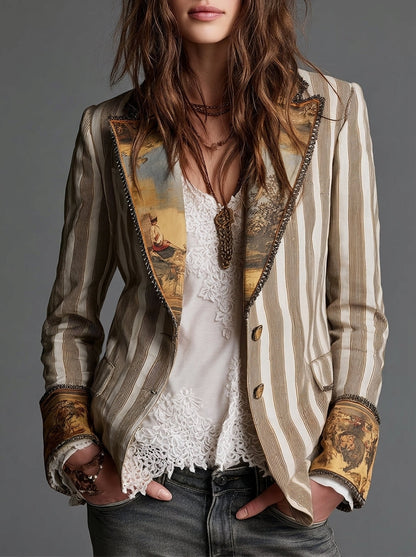 Celia - Blazer Bohemio a Rayas con Cuello Estampado
