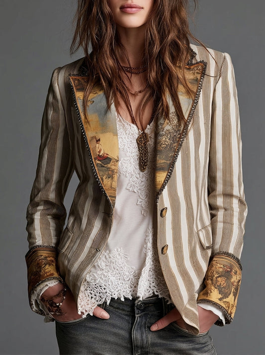 Celia - Blazer Bohemio a Rayas con Cuello Estampado