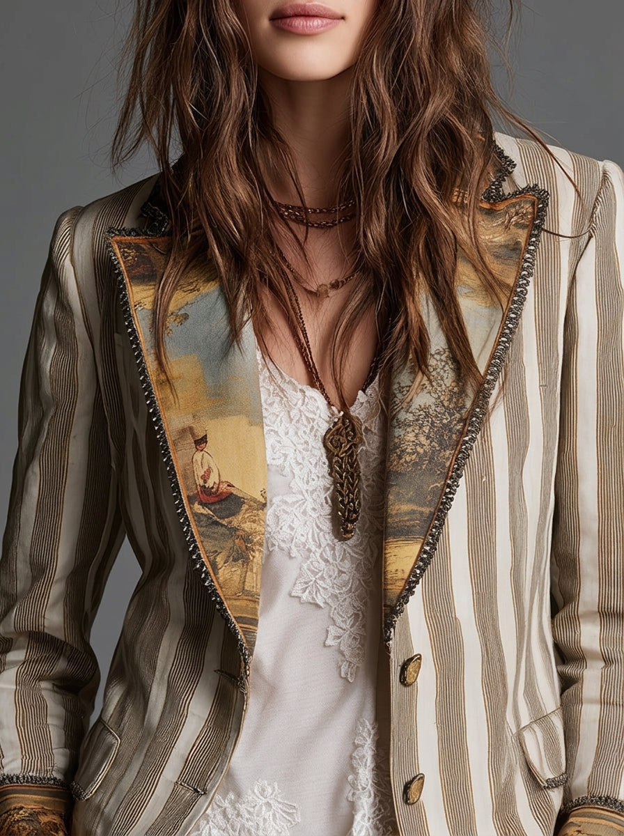 Celia - Blazer Bohemio a Rayas con Cuello Estampado
