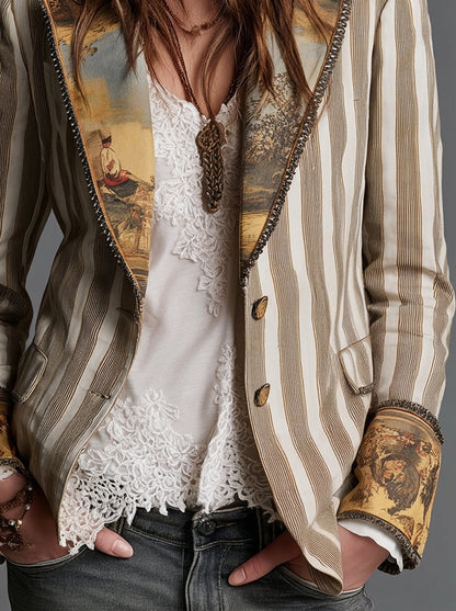 Celia - Blazer Bohemio a Rayas con Cuello Estampado