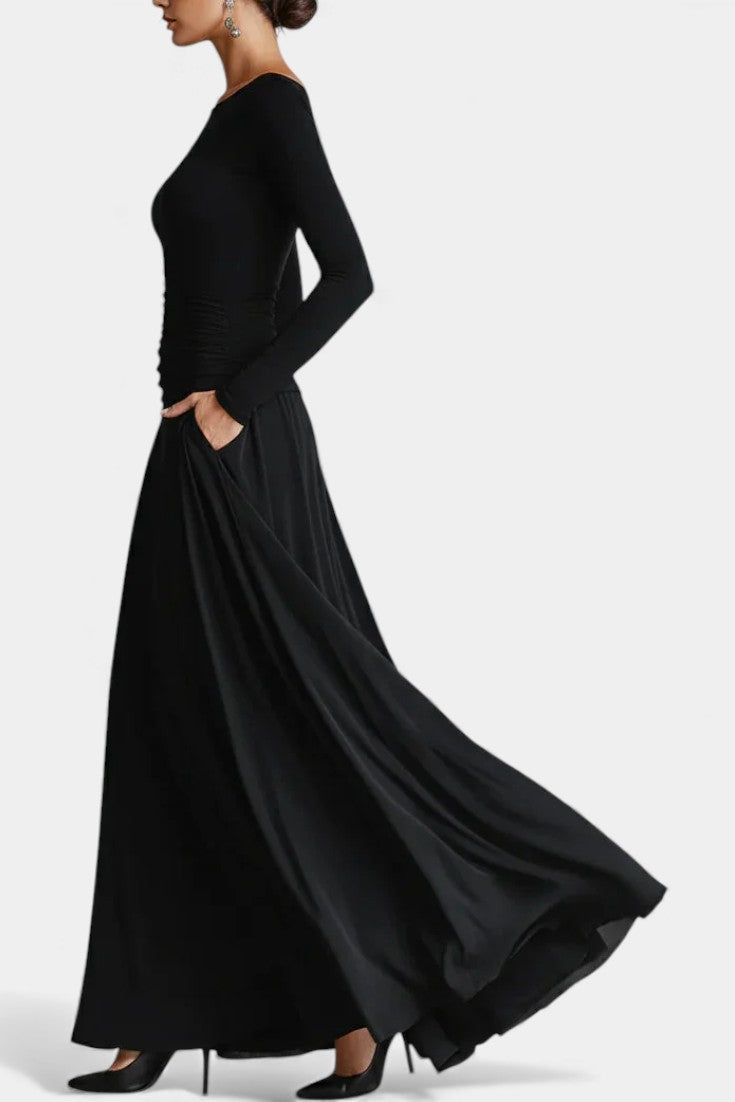Estela | Vestido Largo Plisado con Escote Barco