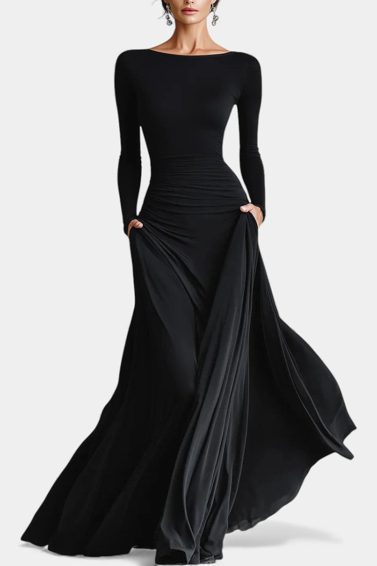Estela | Vestido Largo Plisado con Escote Barco