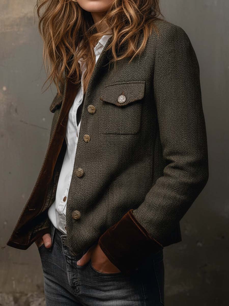 Miriam - Blazer de Sarga con Ribete en Contraste