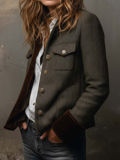 Miriam - Blazer de Sarga con Ribete en Contraste