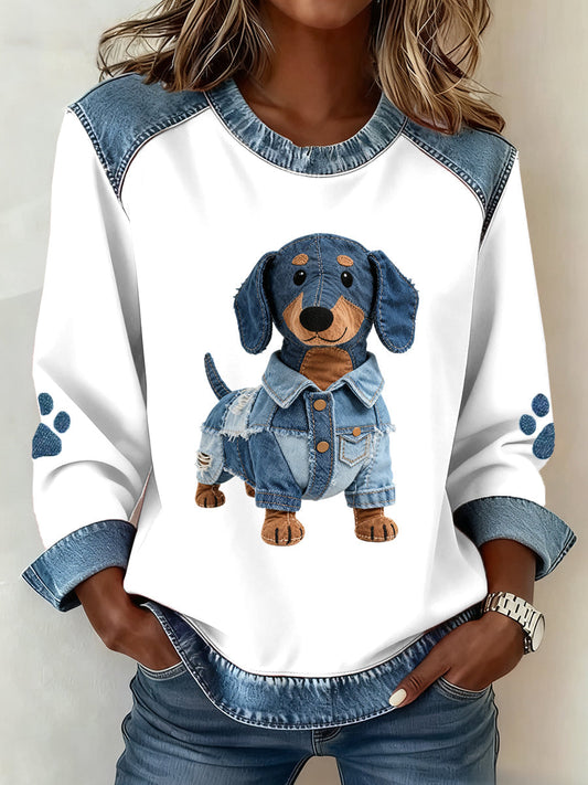 Reina - Sudadera con Capucha de Patchwork Denim y Perro Salchicha