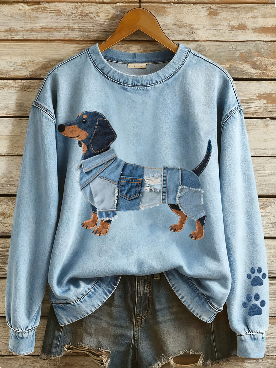 Sol - Sudadera con Patchwork Denim y Motivo de Perro Salchicha