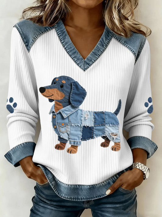 Sombra - Top de Perro Salchicha con Patchwork Denim y Cuello en V